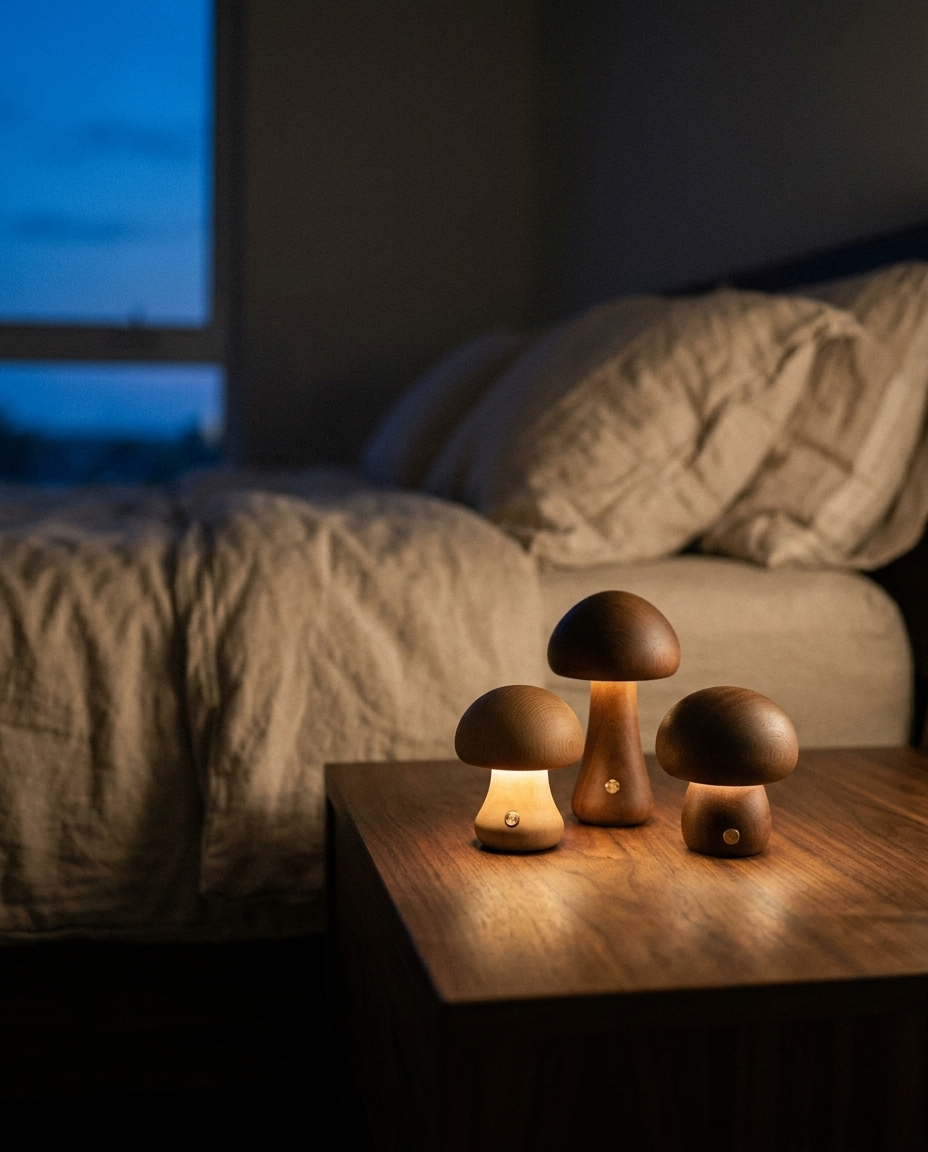 Three Zivol Grove lamps on a bedside nightstand at dusk