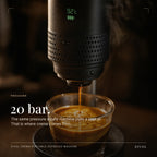 20 bar — the same pressure a café machine pulls a shot at