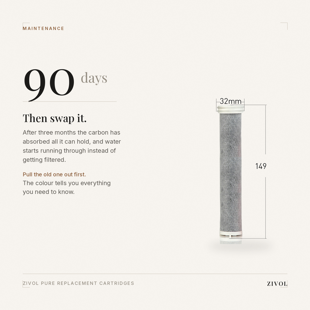 Replace the Zivol Pure cartridge every 90 days — the colour of the old one shows what it filtered out