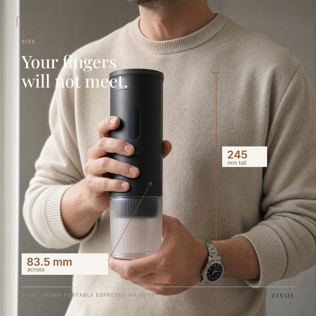 Zivol Crema size — 245mm tall, 83.5mm across, your fingers will not meet around it