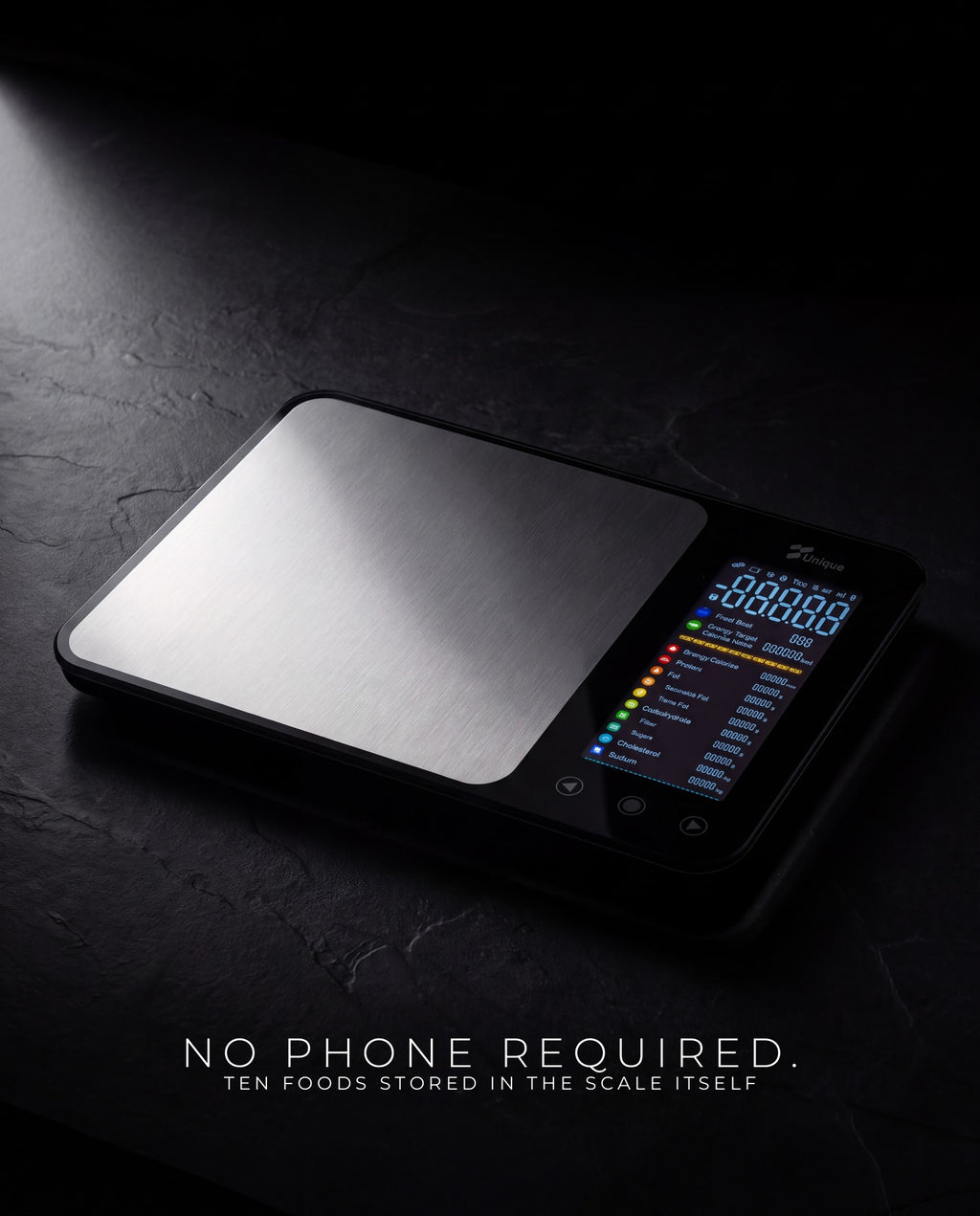 No phone required — ten foods stored in the scale itself