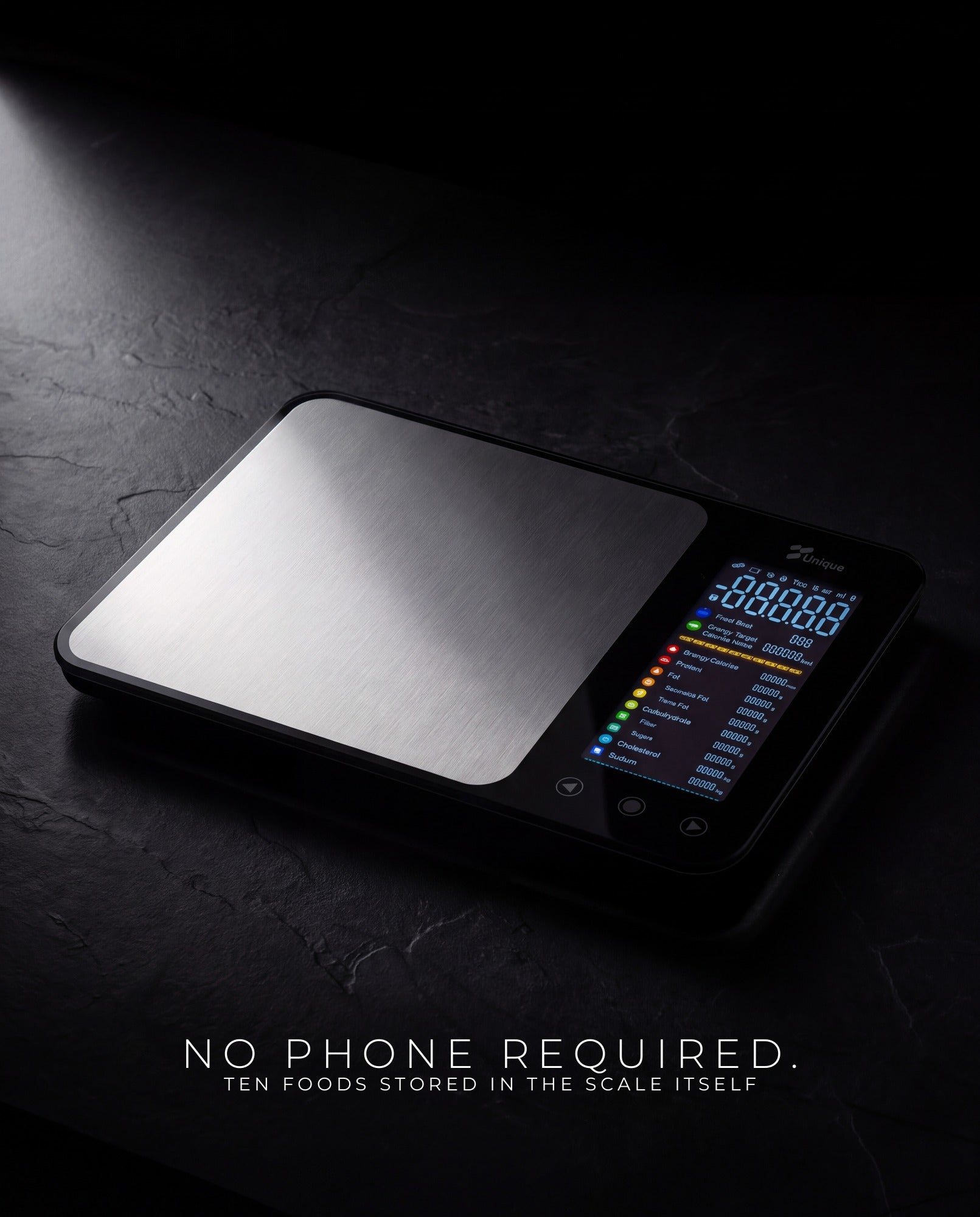 No phone required — ten foods stored in the scale itself