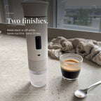 Two finishes — matte black or off-white, same machine and same 20 bar