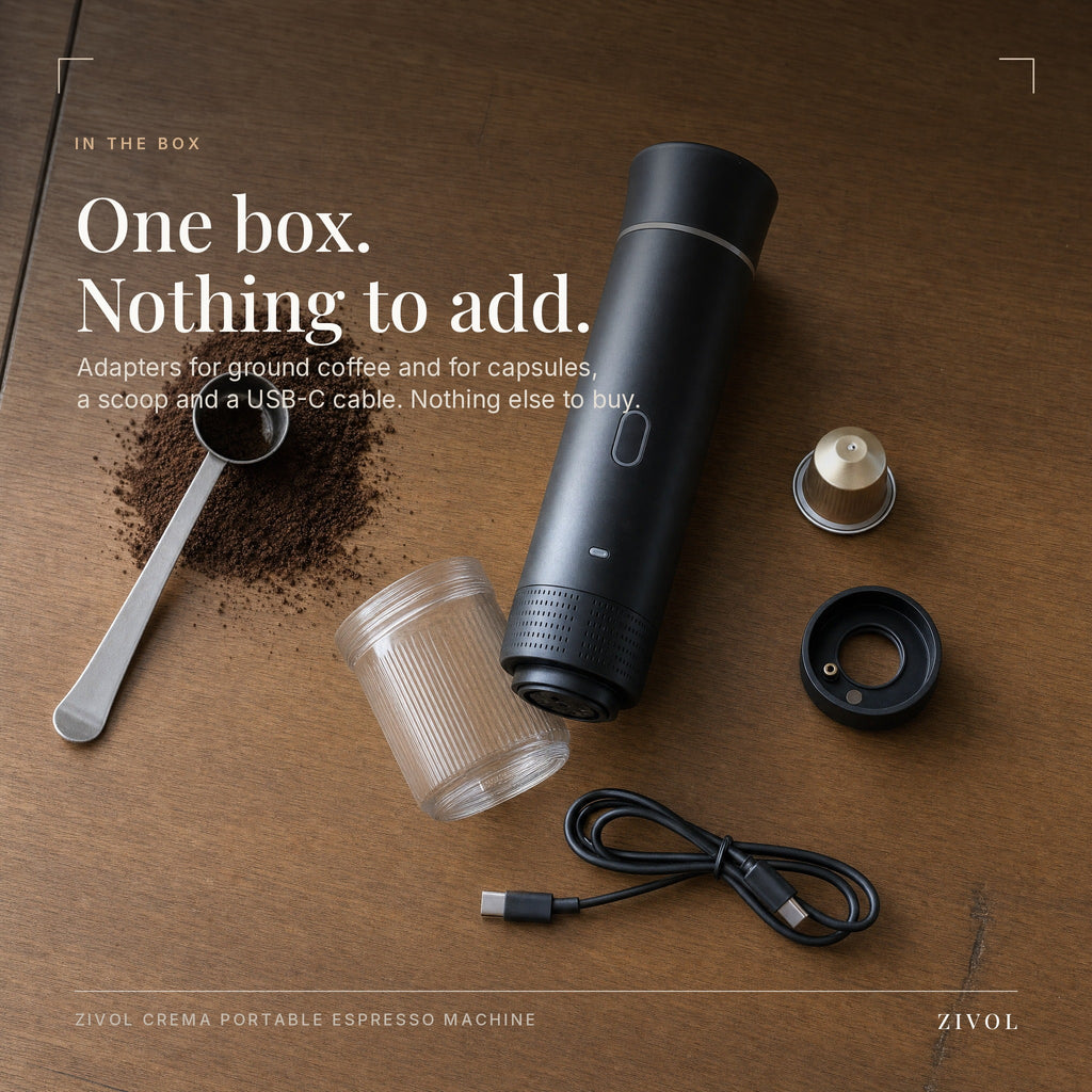 One box, nothing to add — adapters for ground coffee and capsules, a scoop and a USB-C cable