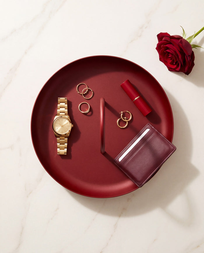 Overhead view of the Zivol Arc red tray holding a watch, rings and a lipstick