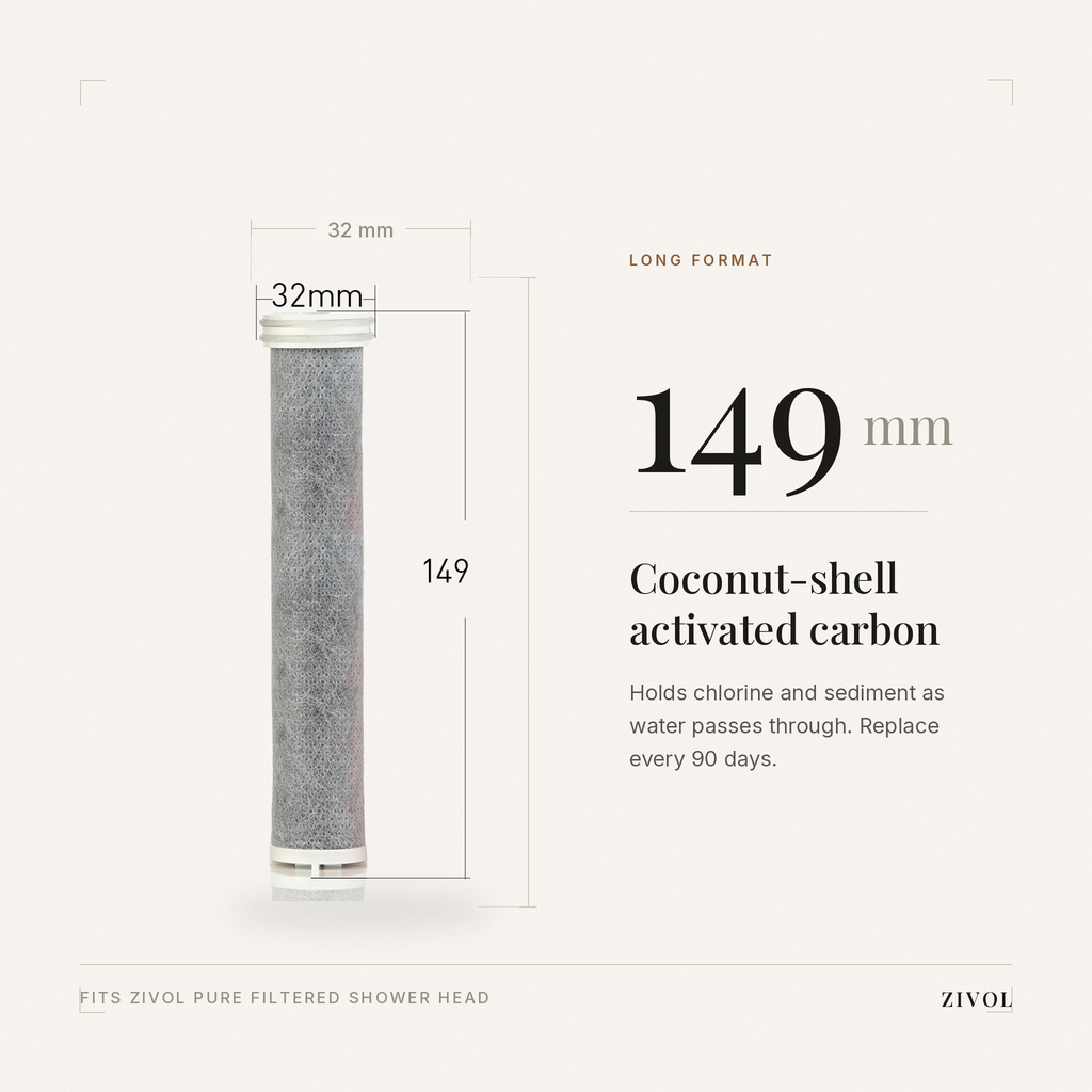 Zivol Pure cartridge dimensions — 149mm long-format coconut-shell activated carbon, 32mm diameter