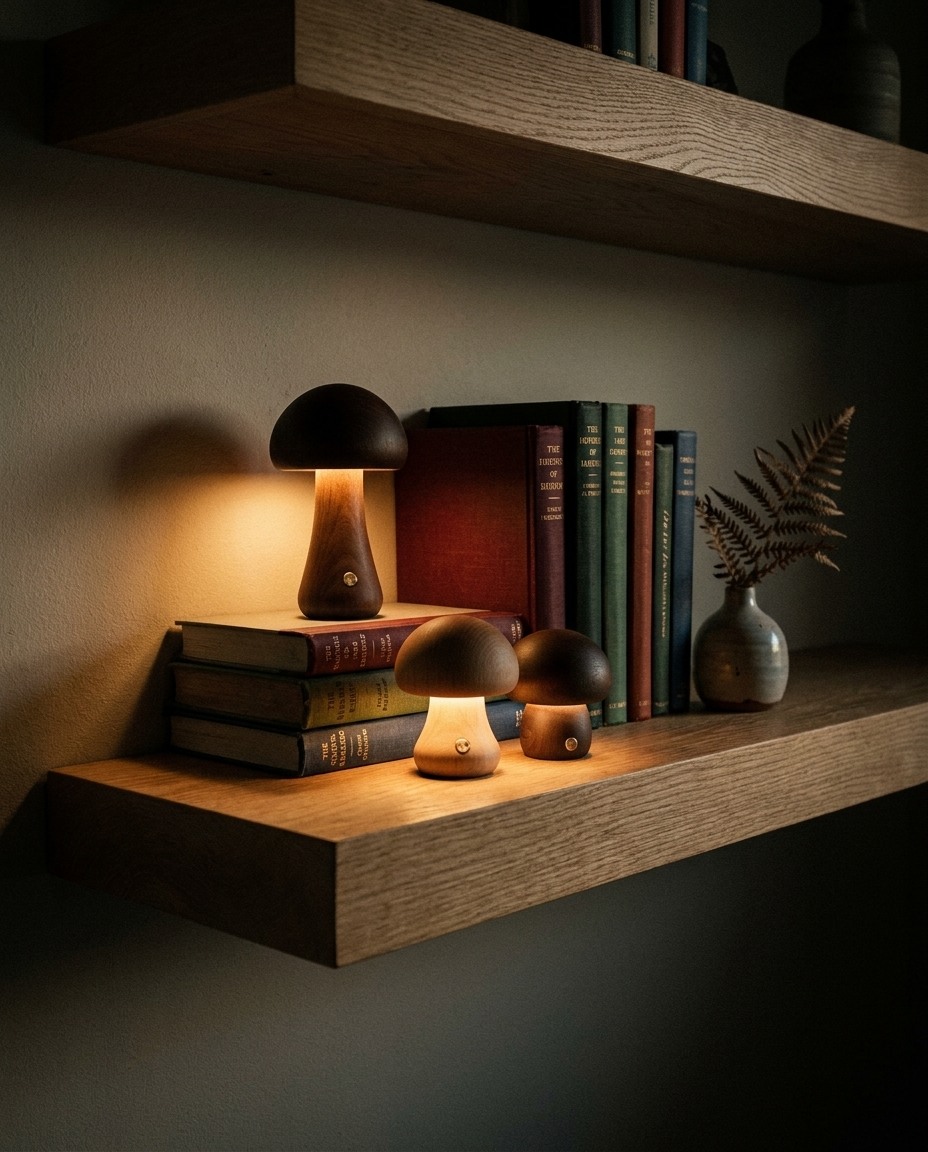 Three Zivol Grove lamps at different heights on a shelf
