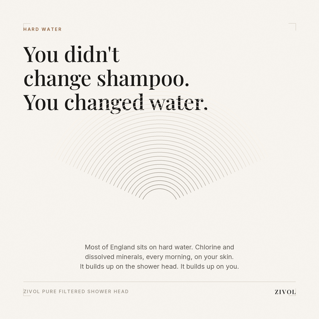 Hard water in England — chlorine and dissolved minerals reach your skin every morning