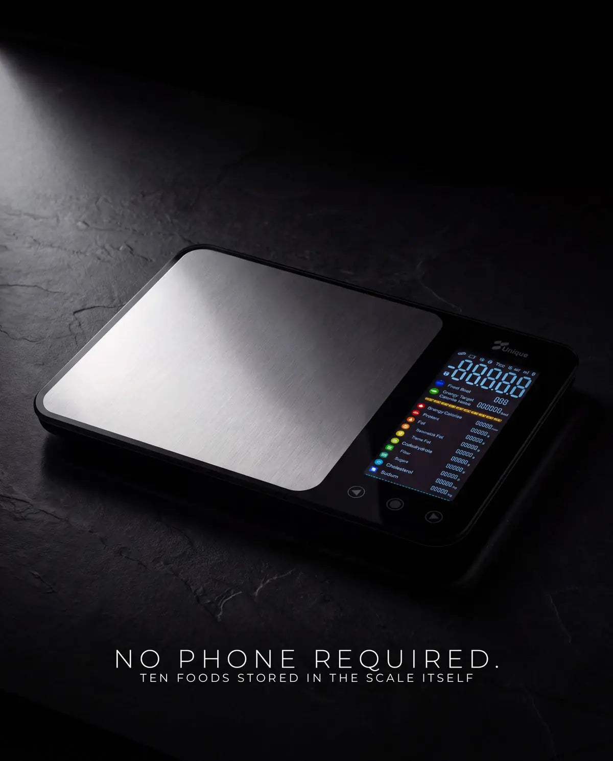 No phone required — ten foods stored in the scale itself