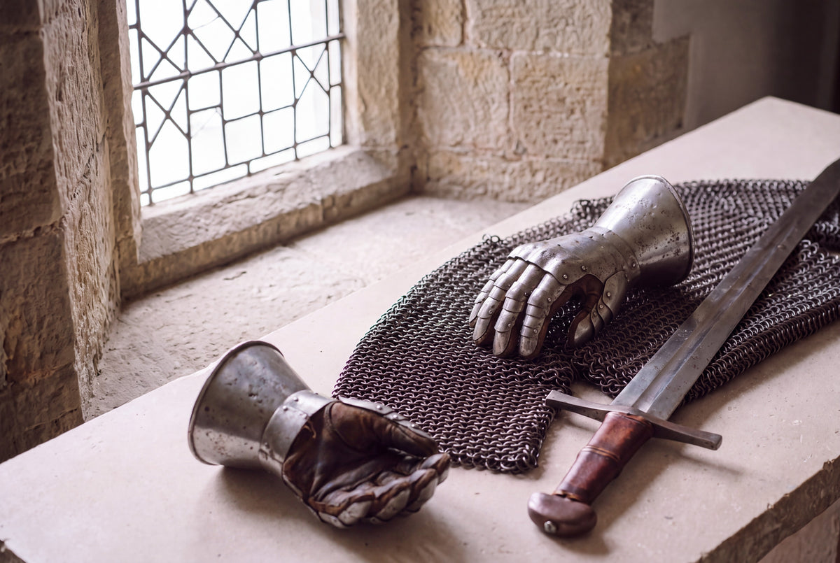 Chain mail, gauntlets and a sword resting on a stone sill.