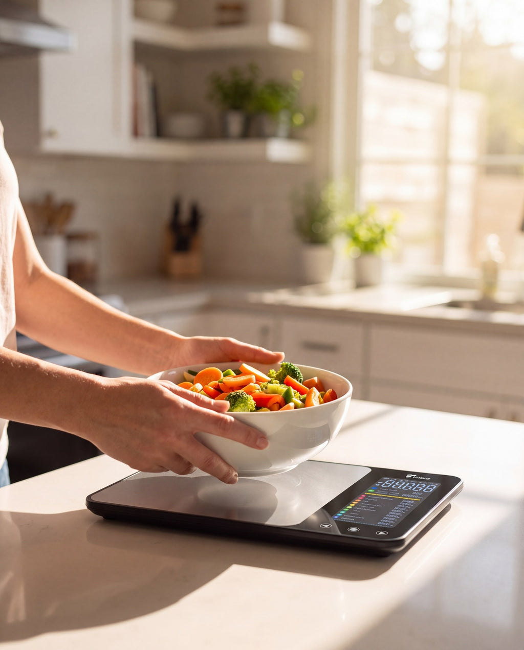 Hands lowering a bowl onto the Zivol Clarity scale