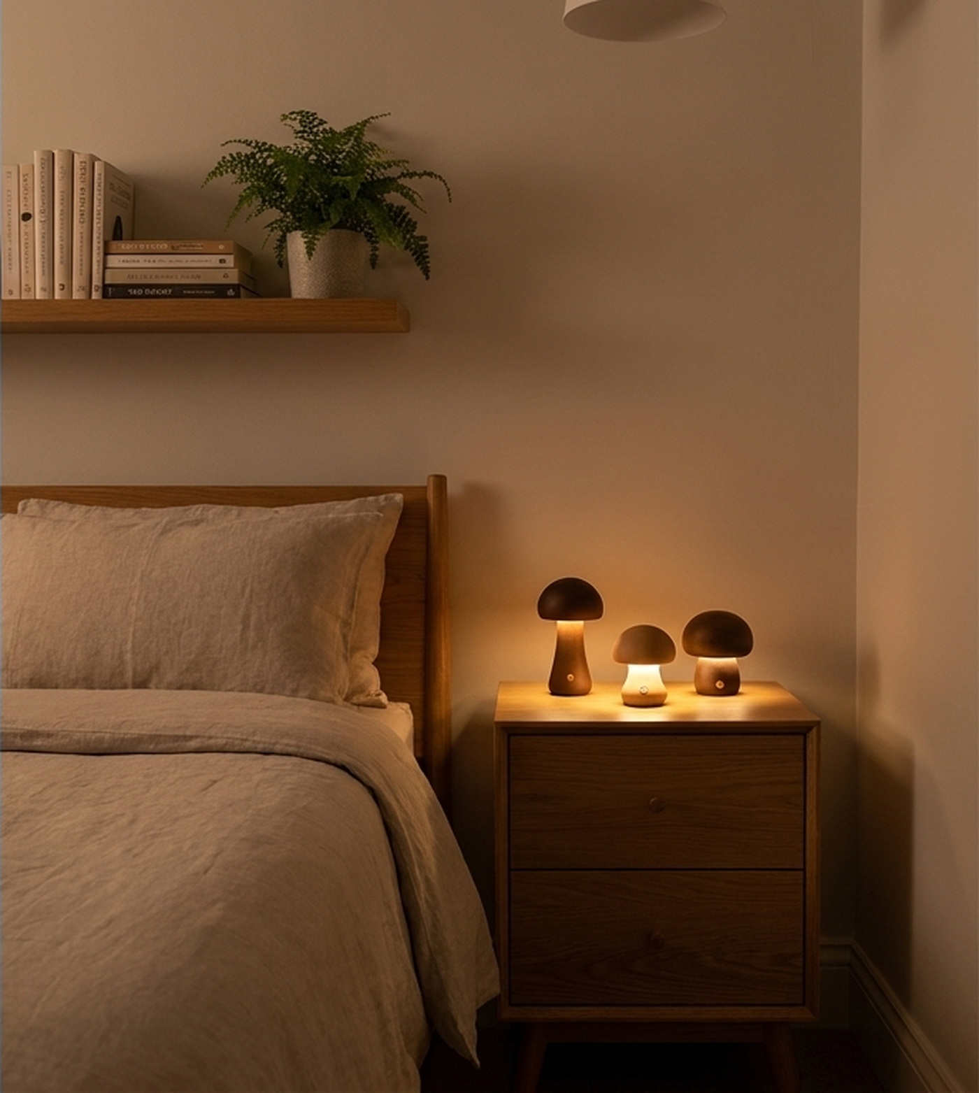 Lightswap AFTER — same bedroom lit by three Zivol Grove lamps