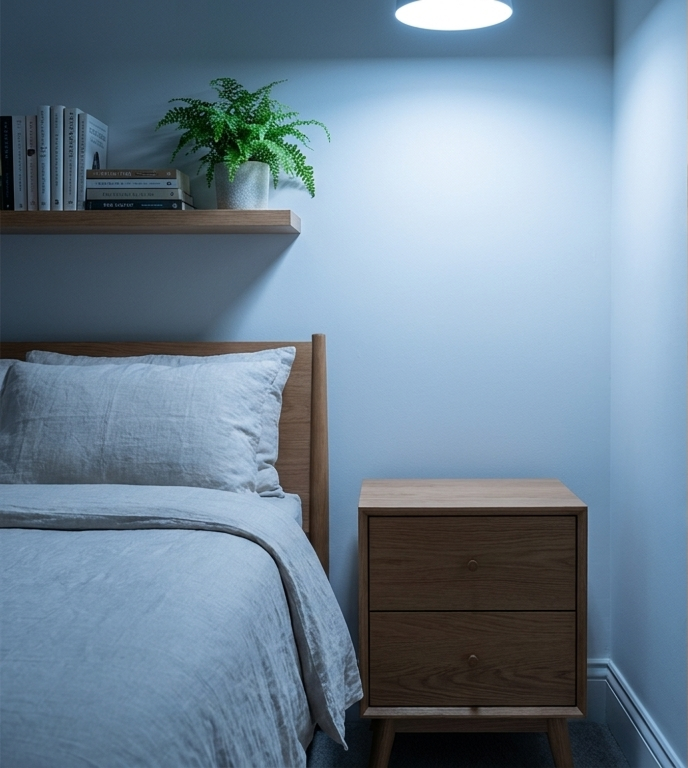 Lightswap BEFORE — bedroom under a cool white ceiling light