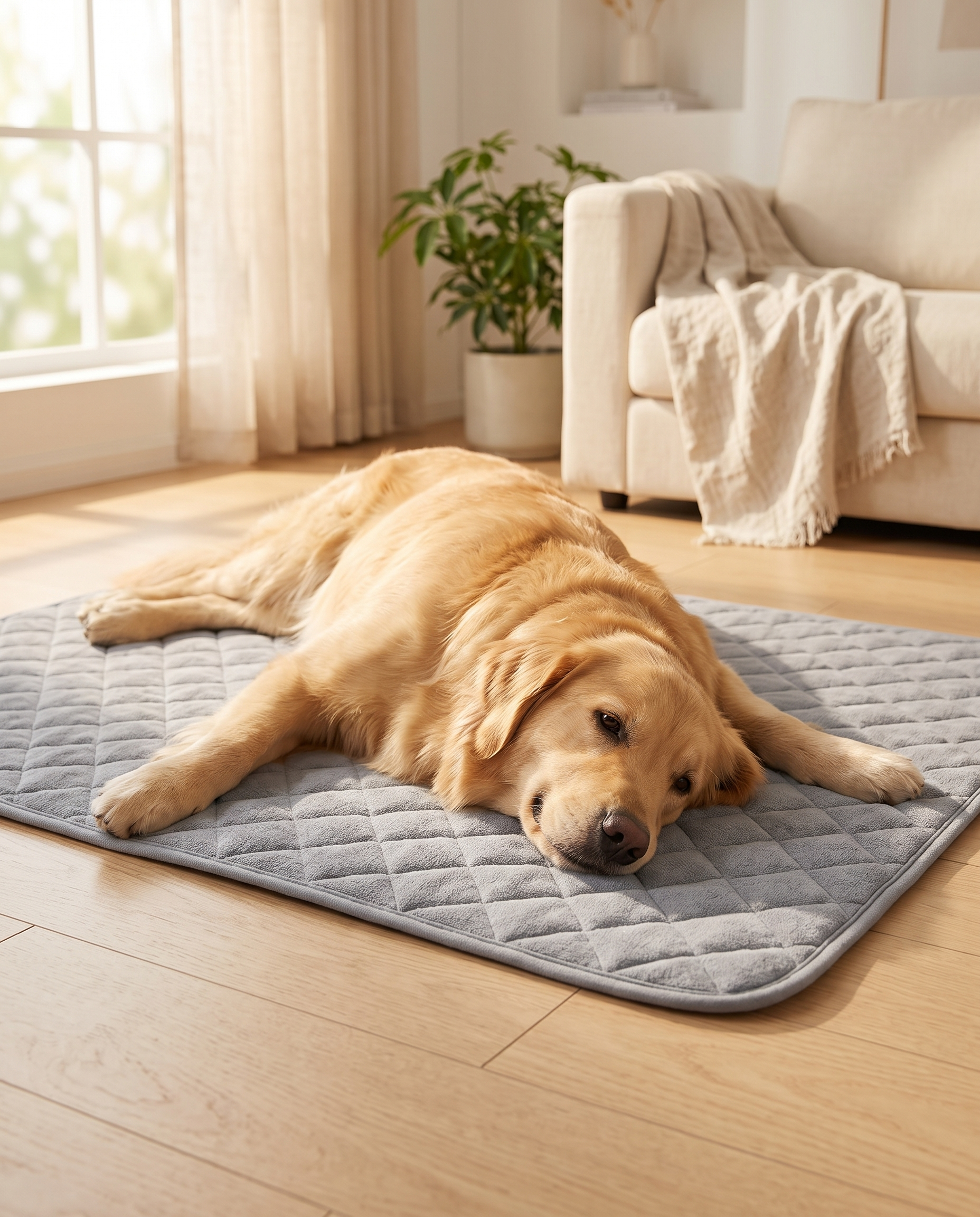 Golden retriever lying relaxed on the Zivol Cool grey pet cooling mat in a sunlit living room