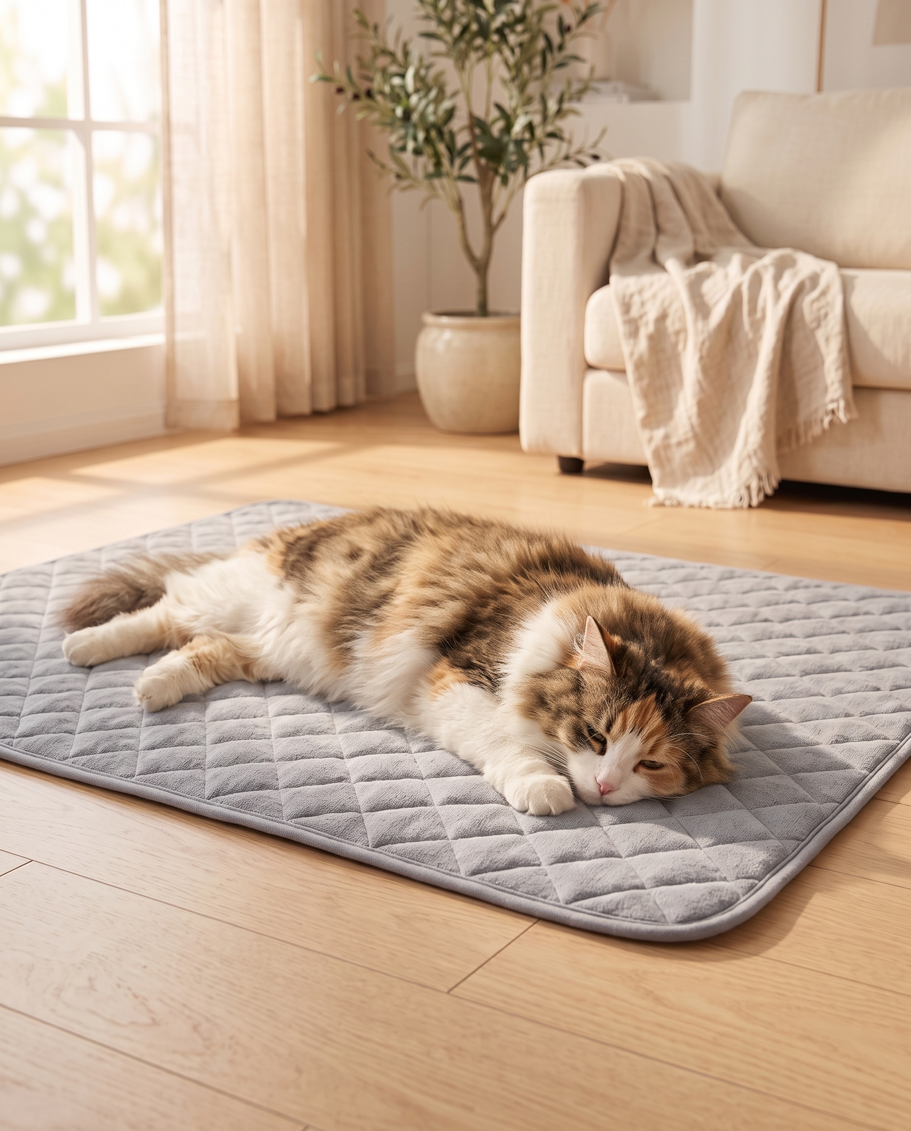 Fluffy cat stretched out and relaxed on the Zivol Cool pet cooling mat