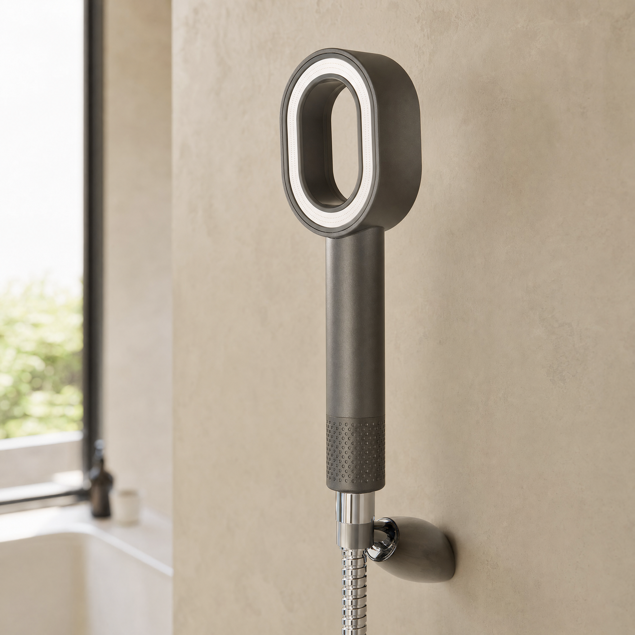 Zivol Pure shower head fitted to a chrome hose in a modern bathroom