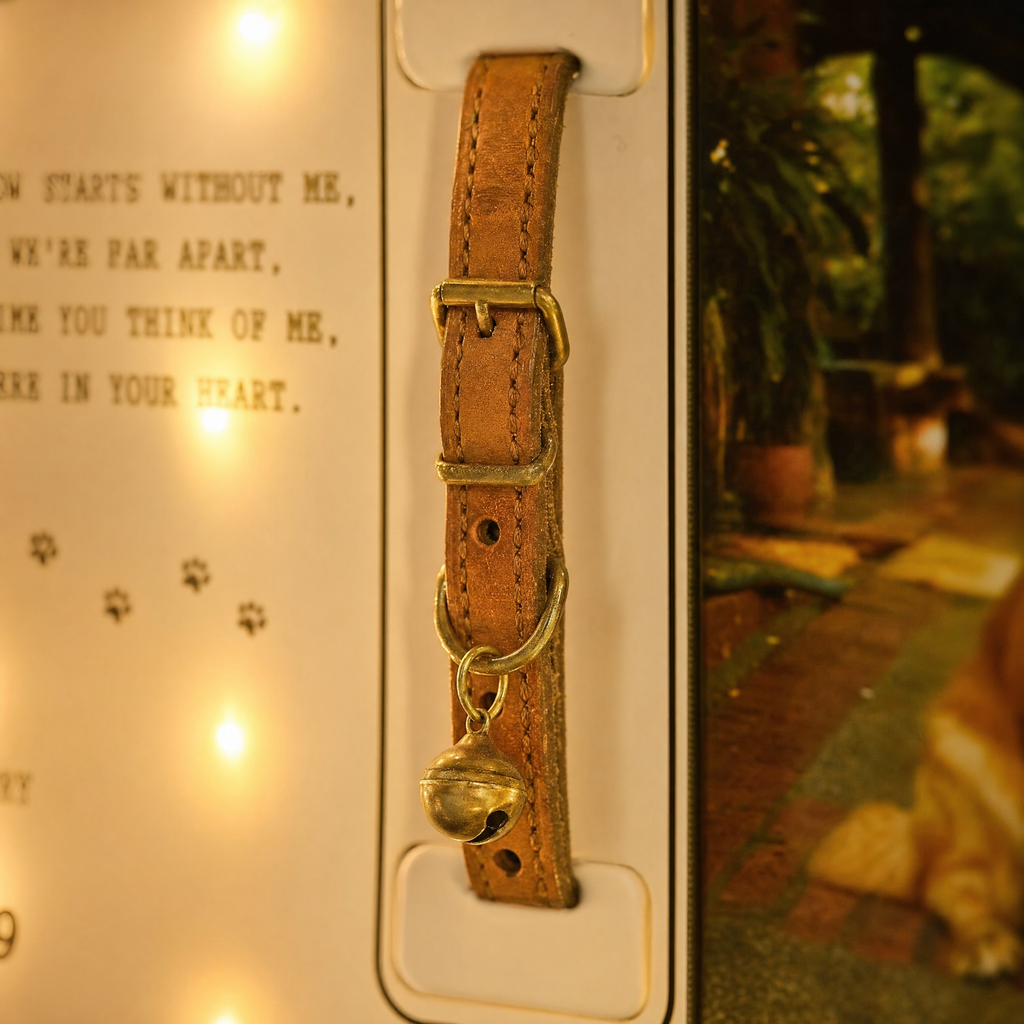 Close-up of a worn leather collar and its bell held in the Zivol Echo collar brackets, lit by warm LEDs
