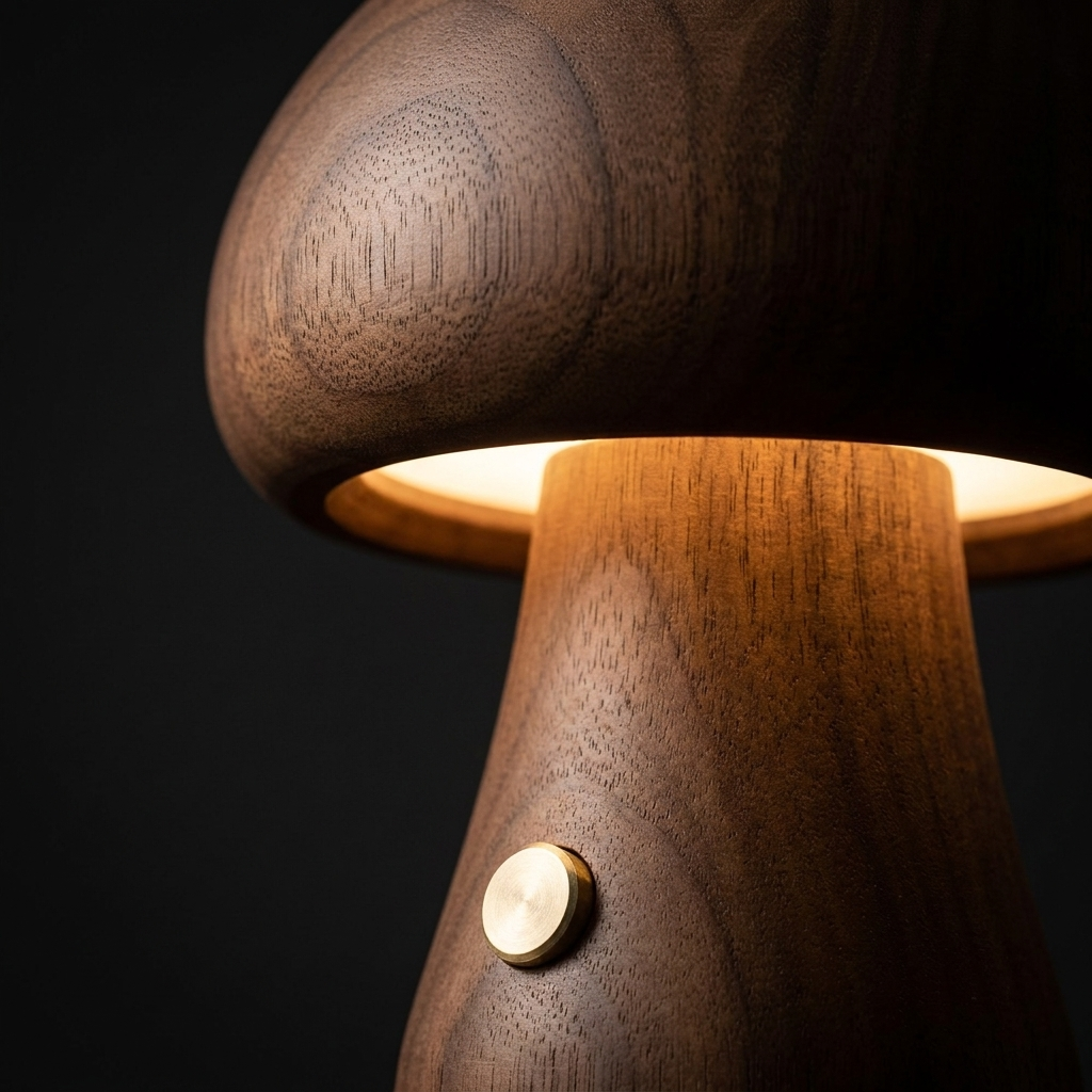 Macro detail of hand-turned walnut grain and brass touch button