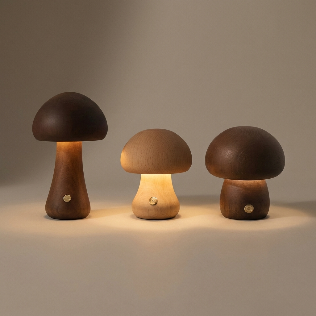 The Zivol Grove Set — three hand-turned wooden lamps glowing warm