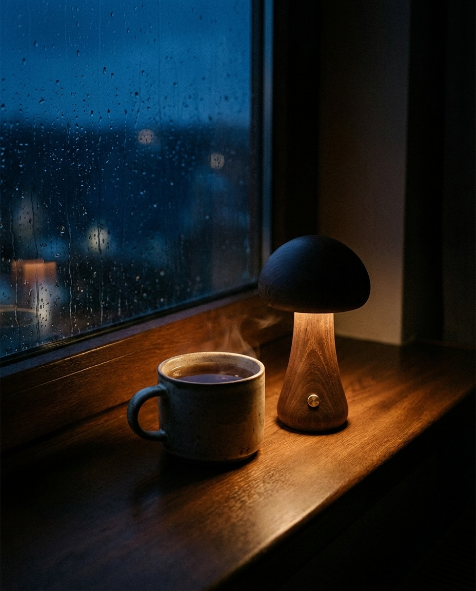 Zivol Grove lamp on a windowsill on a rainy night