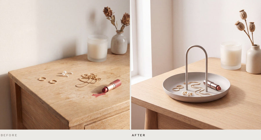 The same dressing table before and after: rings, studs and a chain loose, then gathered in the warm grey Arc tray