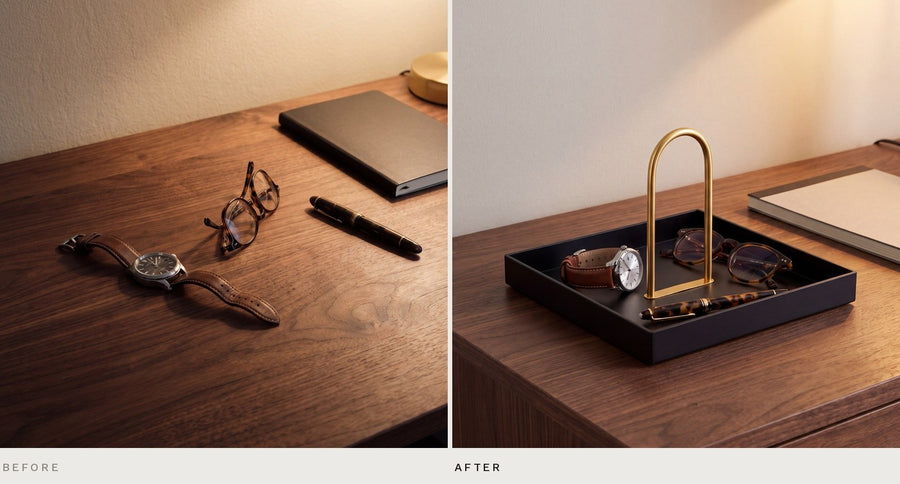 The same desk before and after: a watch, glasses and a pen loose, then gathered in the square brass Arc tray