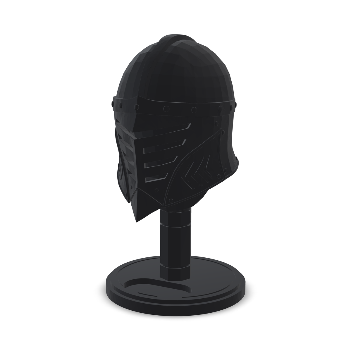 3D model of the Zivol Crest headphone stand: a knight’s helmet with a crest ridge and brow band on an octagonal column and a round base.