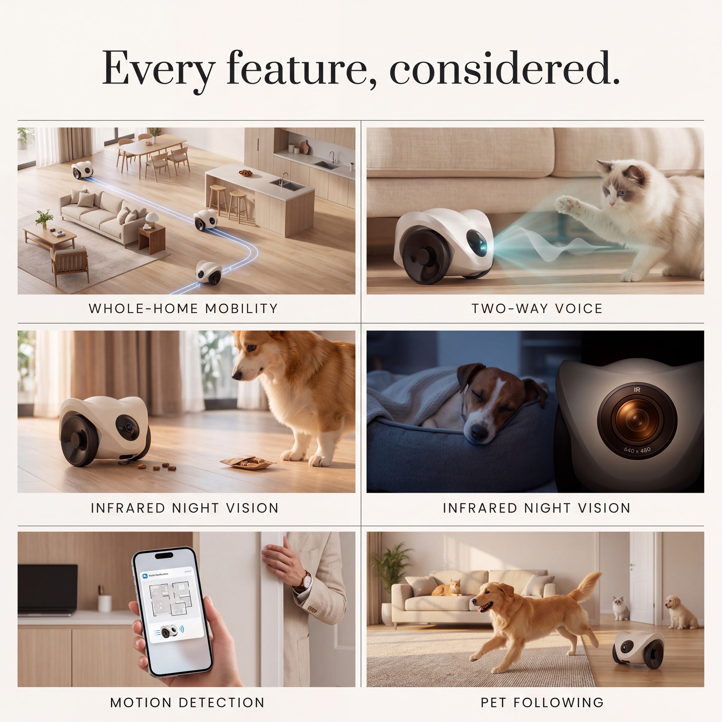 Every feature considered — mobility, voice, treats, night vision
