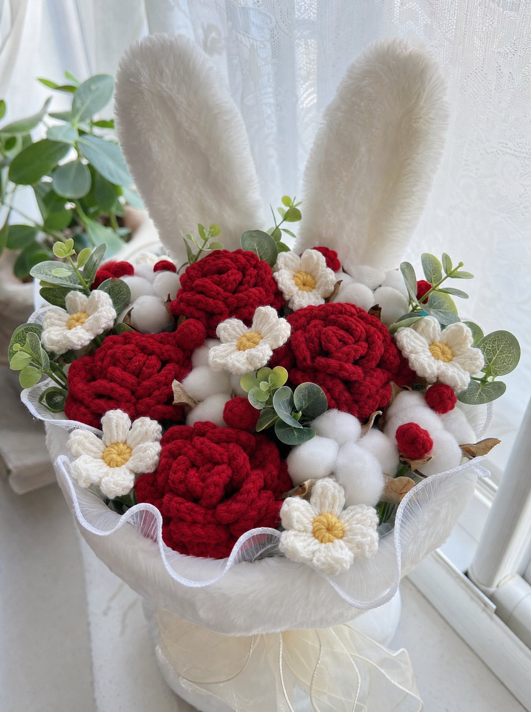 Zivol Bloom hand-knitted bunny bouquet in red