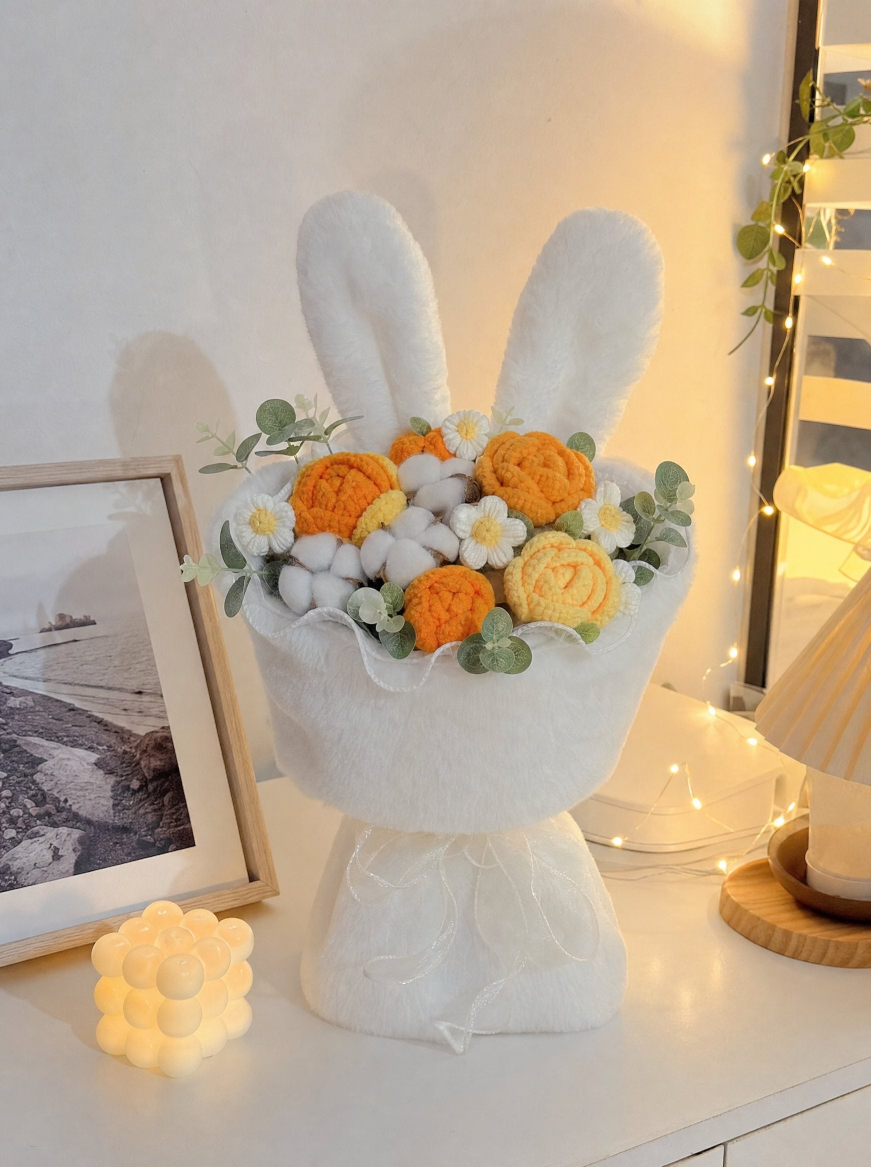 Zivol Bloom hand-knitted bunny bouquet in orange
