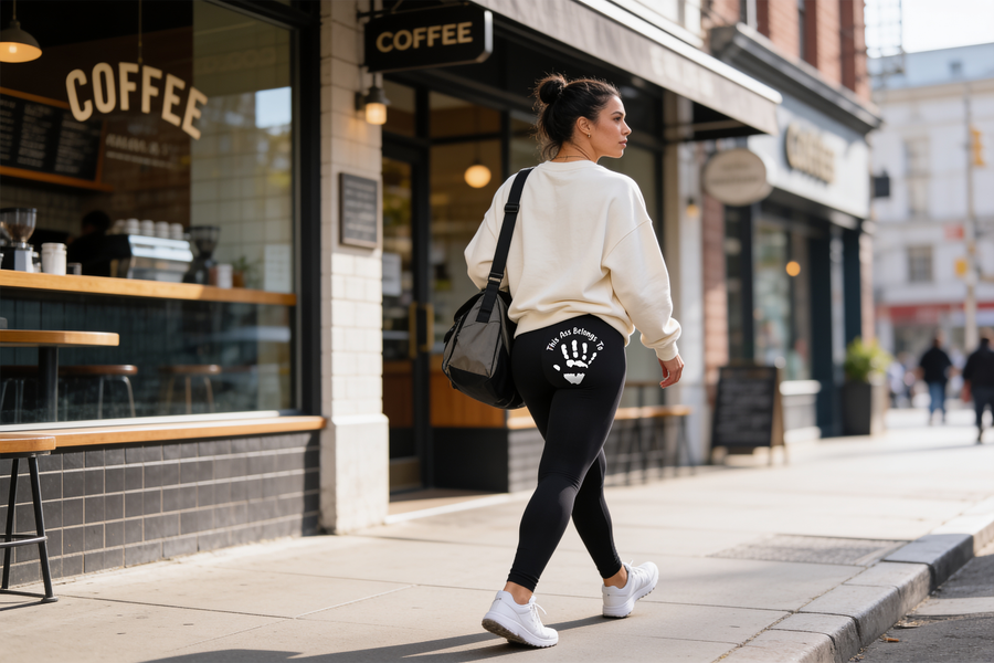 Zivol Claim leggings worn on the street outside a coffee shop, sweatshirt on top