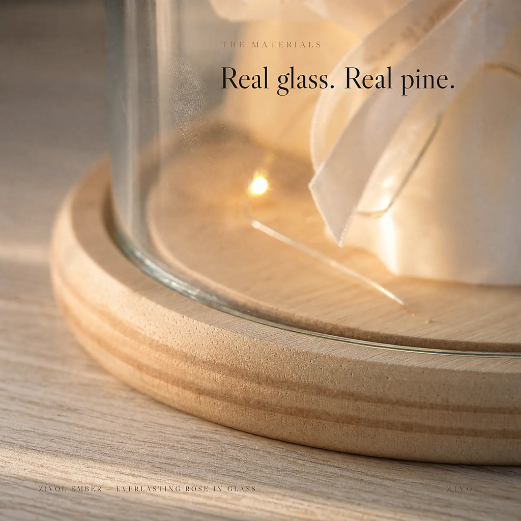Close-up of the glass dome meeting the stepped wood base of Zivol Ember