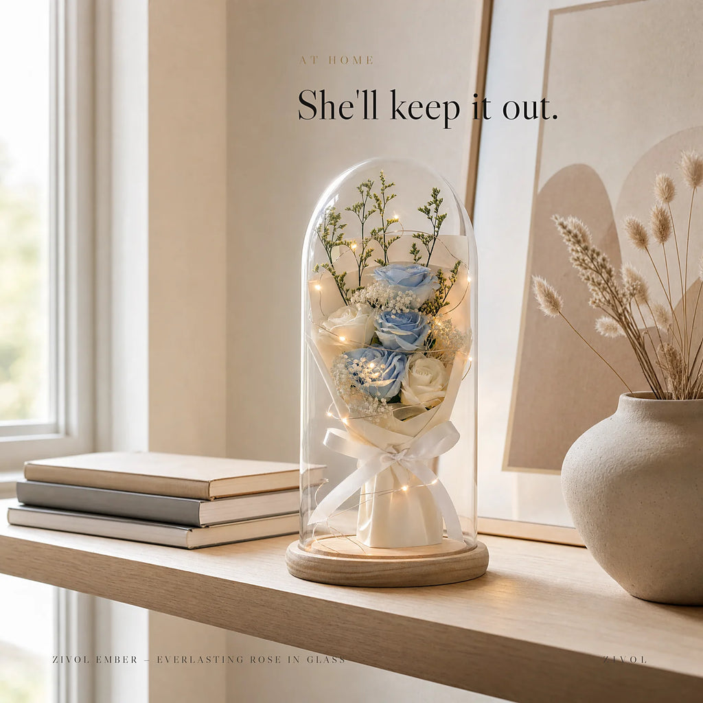 Zivol Ember on a living room shelf between books and a ceramic vase