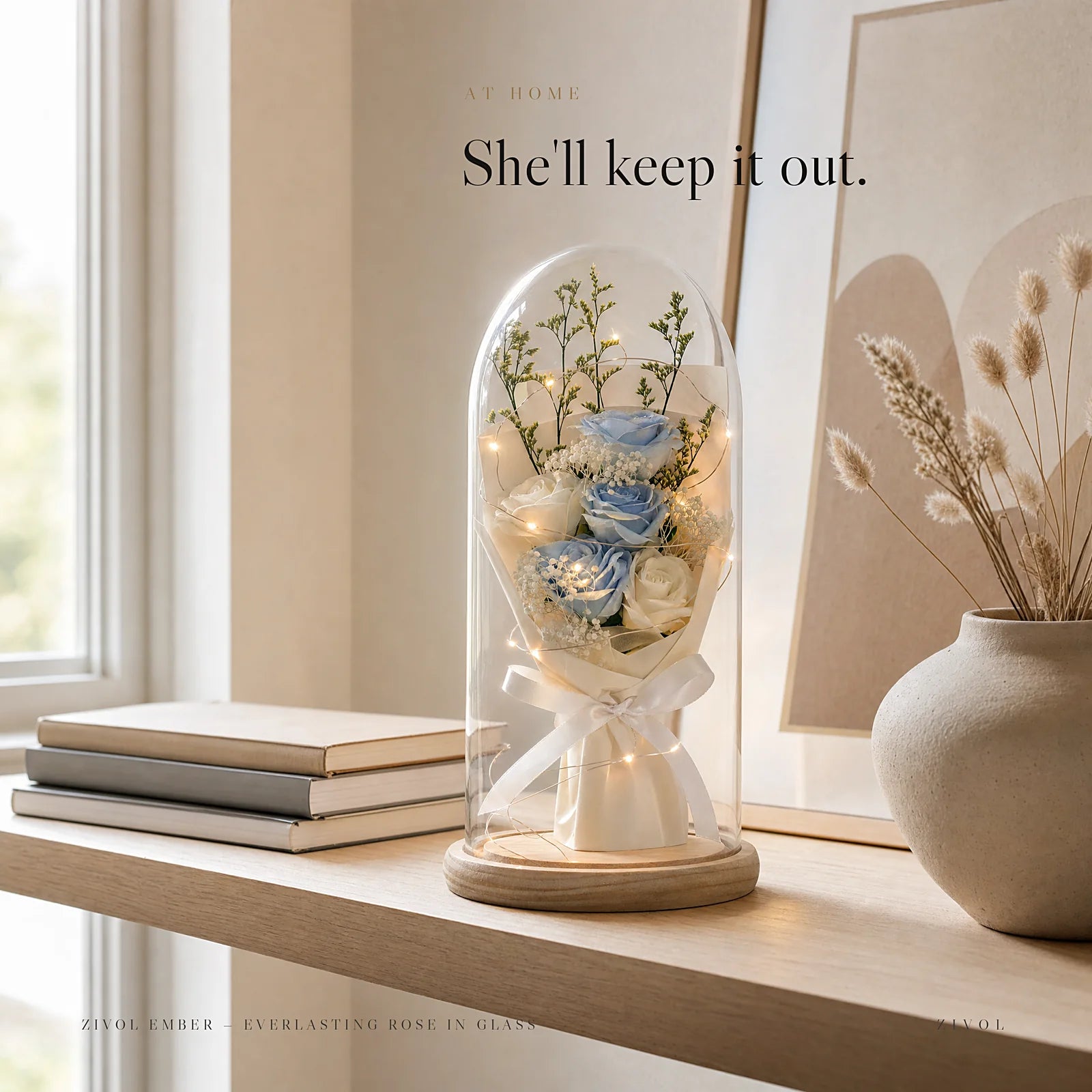 Zivol Ember on a living room shelf between books and a ceramic vase