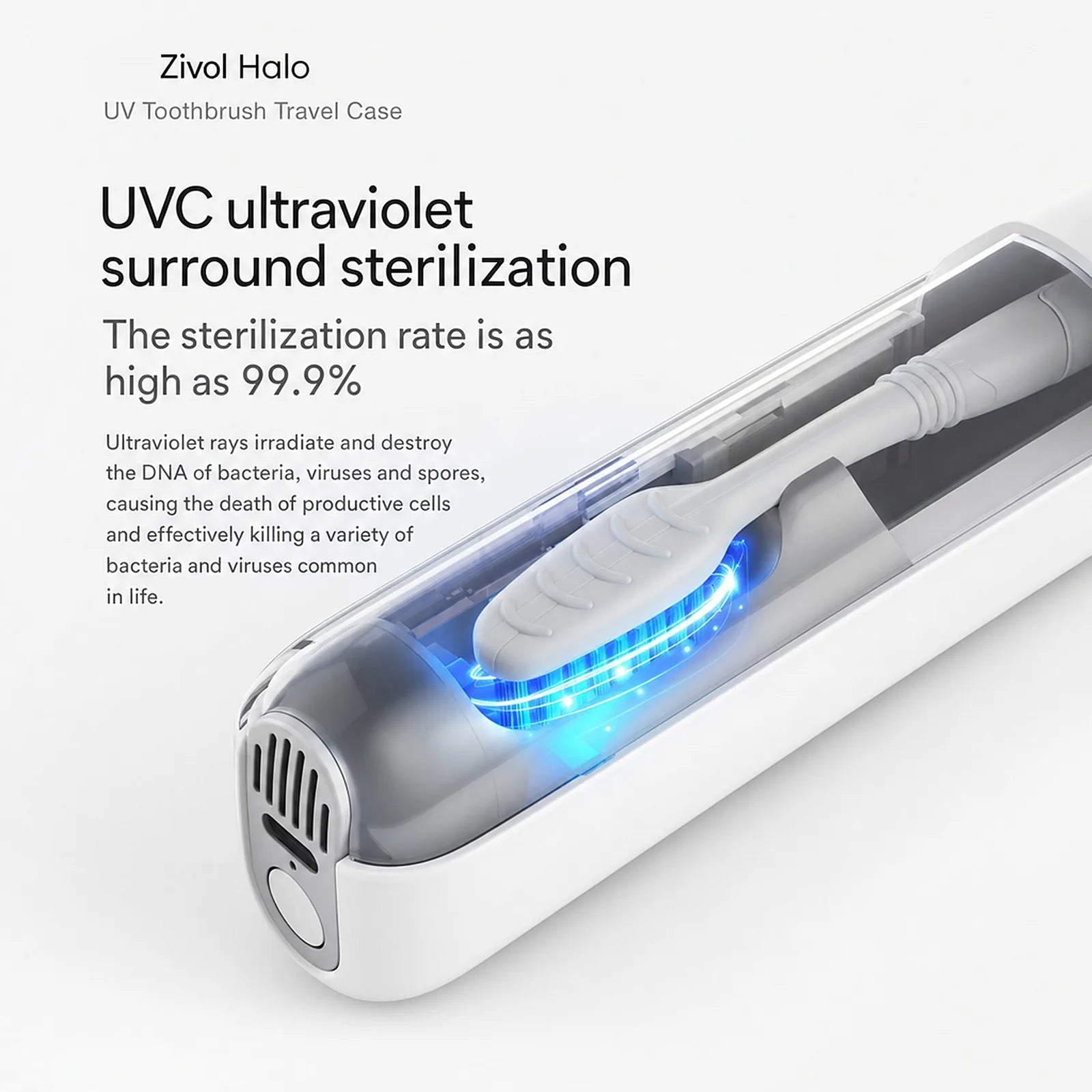 UV-C lamp inside the closed Zivol Halo case sterilising the toothbrush
