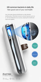 Toothbrush held under the UV-C lamp inside the Zivol Halo case