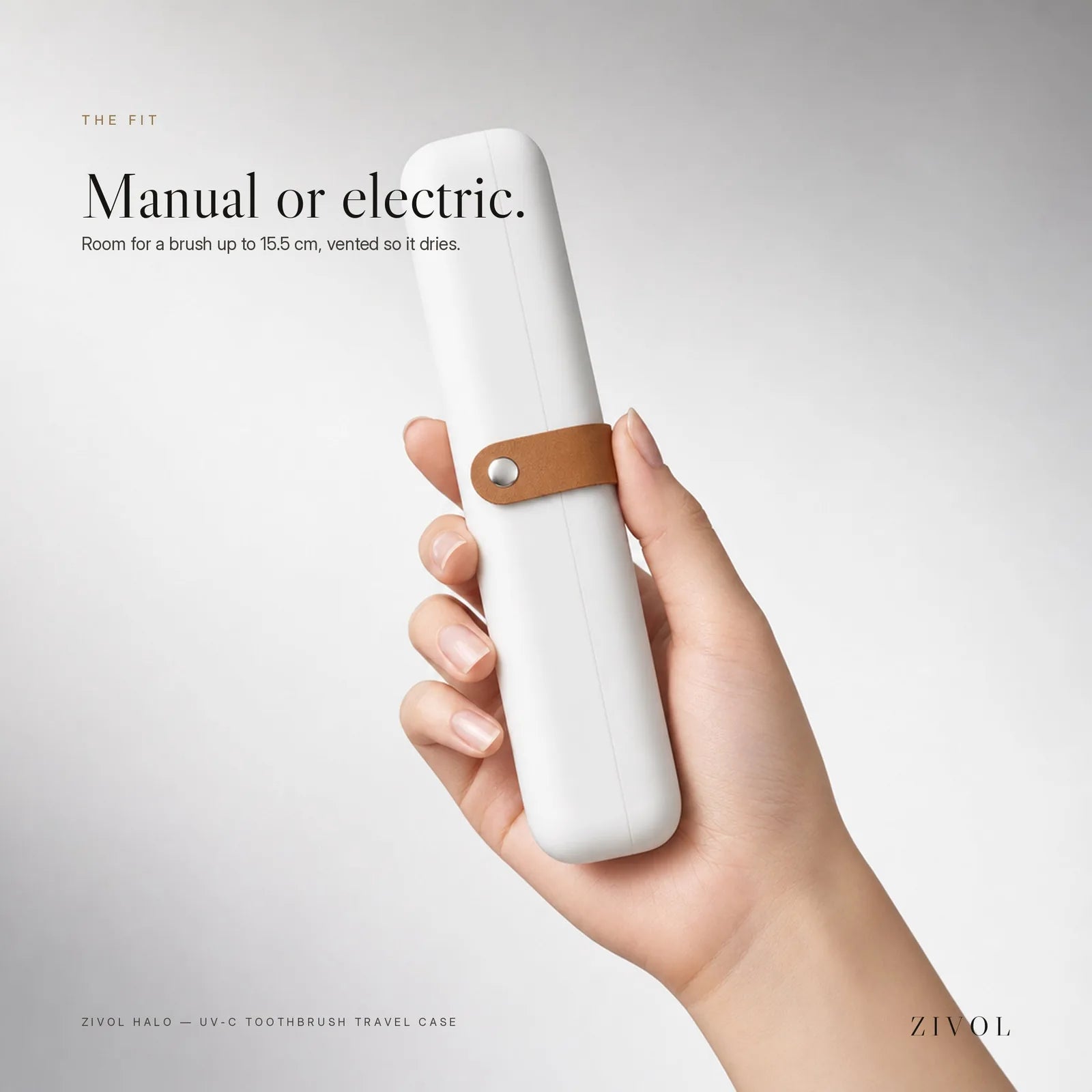 Zivol Halo case held in one hand, fits a manual or electric brush up to 15.5 cm
