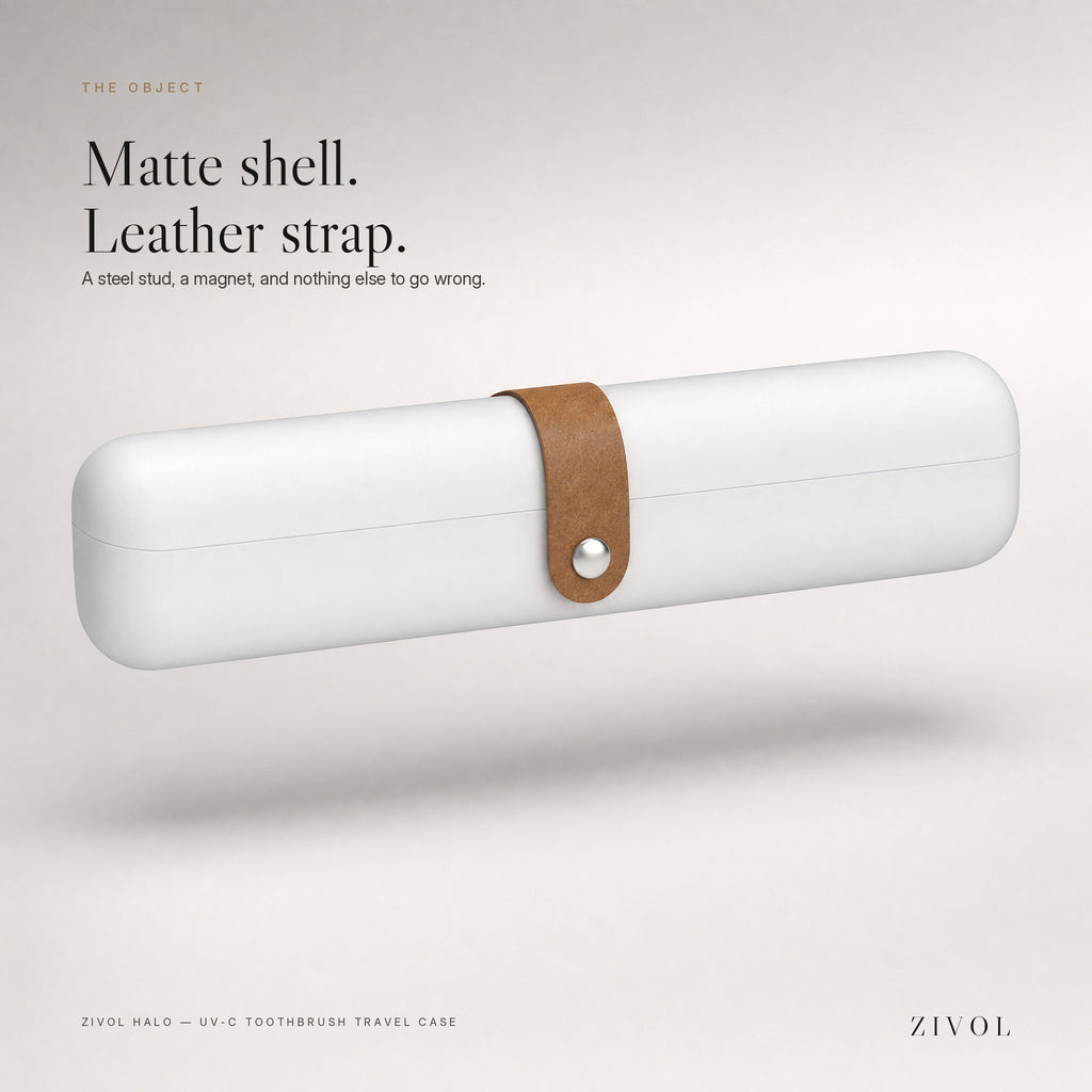 Zivol Halo matte white shell with tan leather strap and steel stud