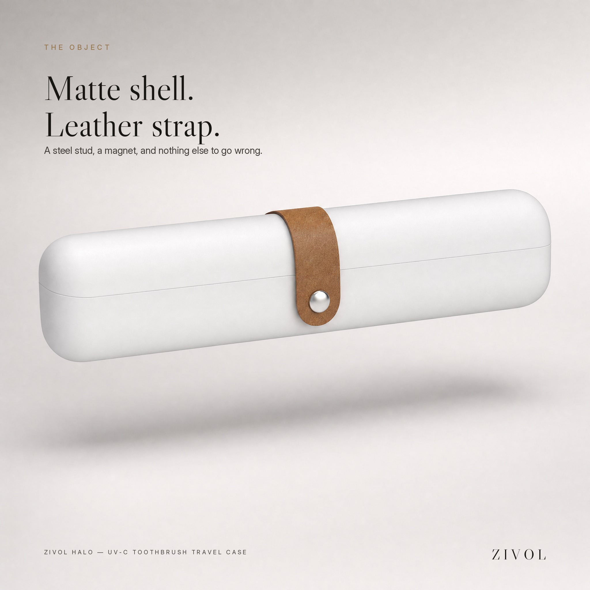 Zivol Halo matte white shell with tan leather strap and steel stud